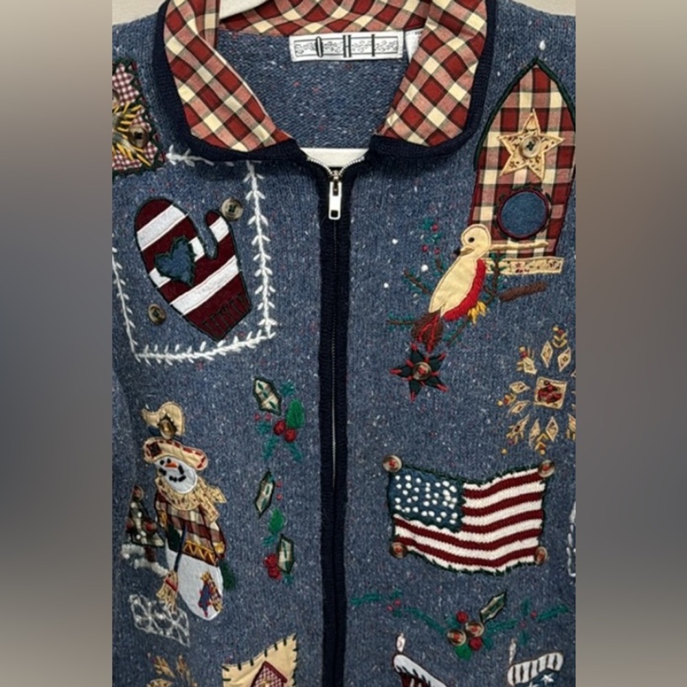 OHI Vintage All Seasons Country Patchwork Multi Colored Knit Zip Up Cardigan L